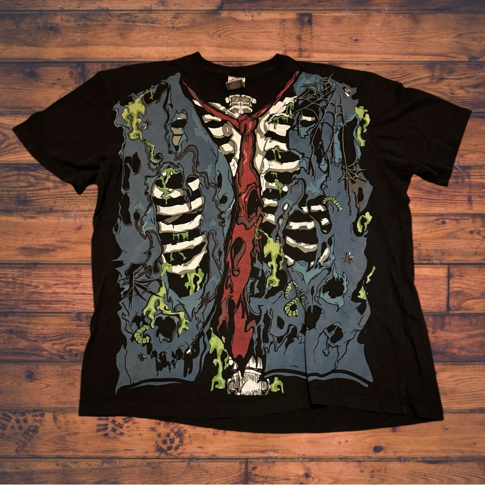 Spirit Halloween Vintage y2K Grim Reaper Skeleton Shirt Allover Liquid Blue